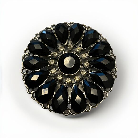 Premier Designs Brooch Round Black with white crystals Approx 2” - Picture 1 of 3